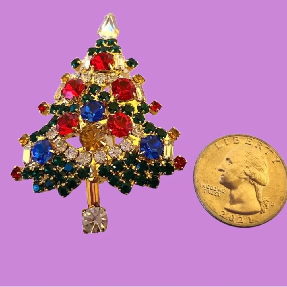 OTC Vintage Christmas Tree Brooch Pin Multi Color Rhinestones Baguettes signed